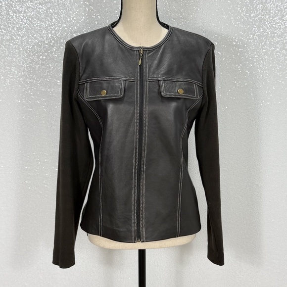 Escapade Women's Brown 100% Leather knit Jacket size medium - Picture 2 of 12